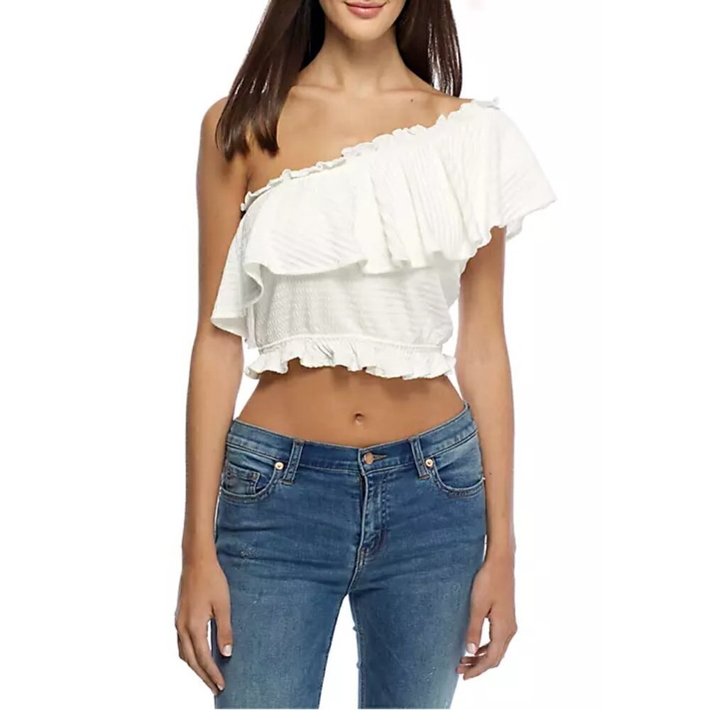 FRENCH CONNECTION Tripola Jersey Off Shoulder Smock Ruffle Blouse Summer White